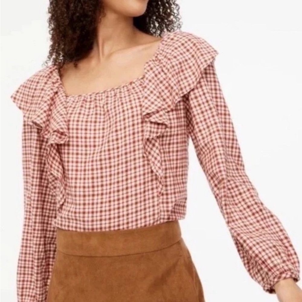 J CREW FLANNEL SQUARENECK RUFFLE TOP - Medium